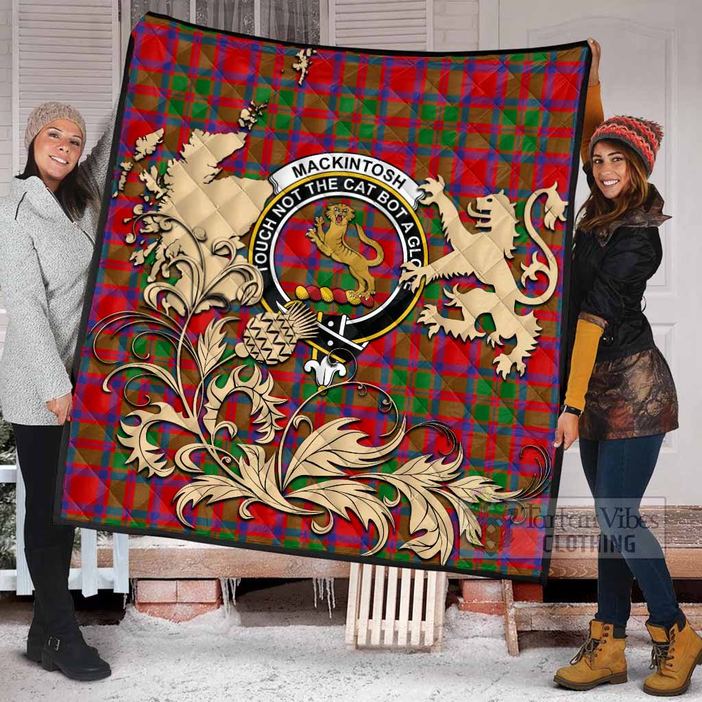 MacKintosh (McKintosh) Tartan Crest Premium Quilt with Scottish Iconic Symbols 