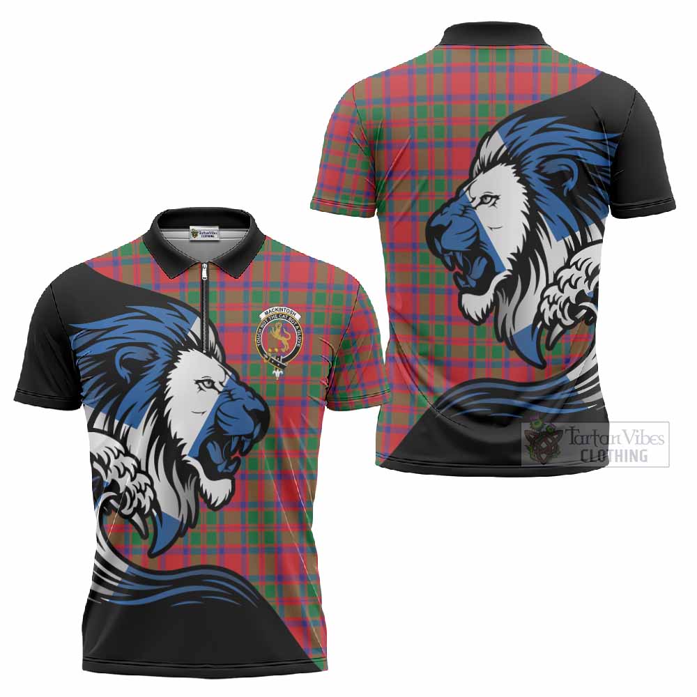MacKintosh (McKintosh) Tartan Crest Zipper Polo Shirt Scottish Golden Lions Wave Flow