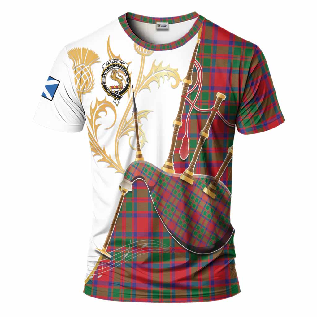 MacKintosh (McKintosh) Tartan Family Crest T-Shirt Bagpipes with Scottish Thistle