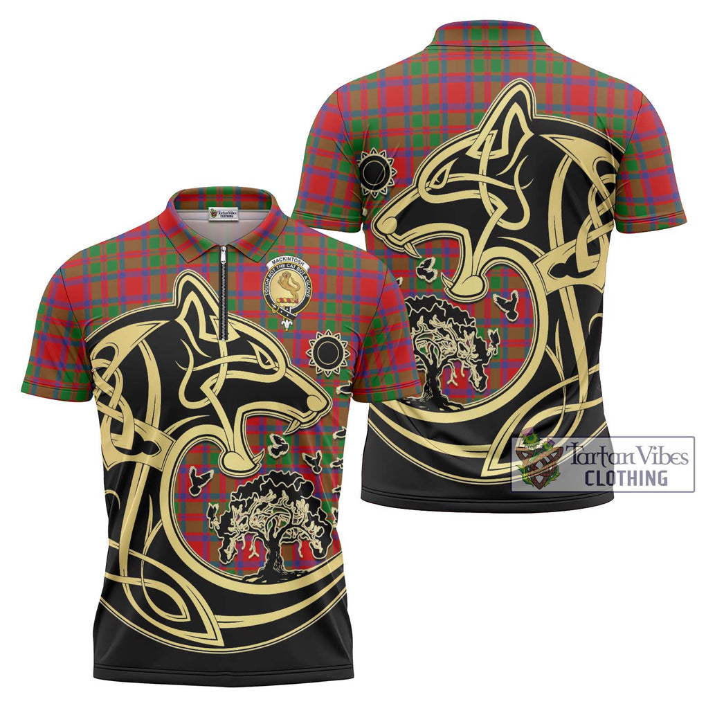 MacKintosh (McKintosh) Tartan Zipper Polo Shirt with Family Crest Celtic Wolf Style Unisex - Tartanvibesclothing Shop