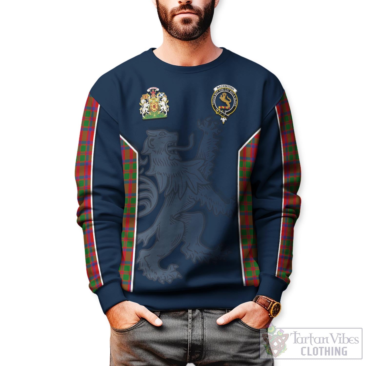 MacKintosh (McKintosh) Tartan Sweater with Family Crest and Lion Rampant Vibes Sport Style Unisex - Tartan Vibes Clothing
