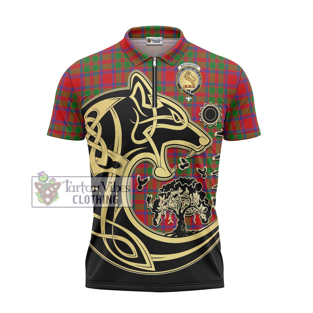 MacKintosh (McKintosh) Tartan Zipper Polo Shirt with Family Crest Celtic Wolf Style - Tartanvibesclothing Shop