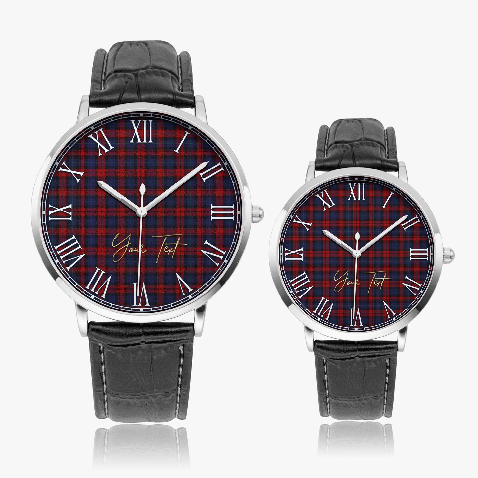 MacLachlan Tartan Personalized Your Text Leather Trap Quartz Watch Ultra Thin Silver Case With Black Leather Strap - Tartanvibesclothing