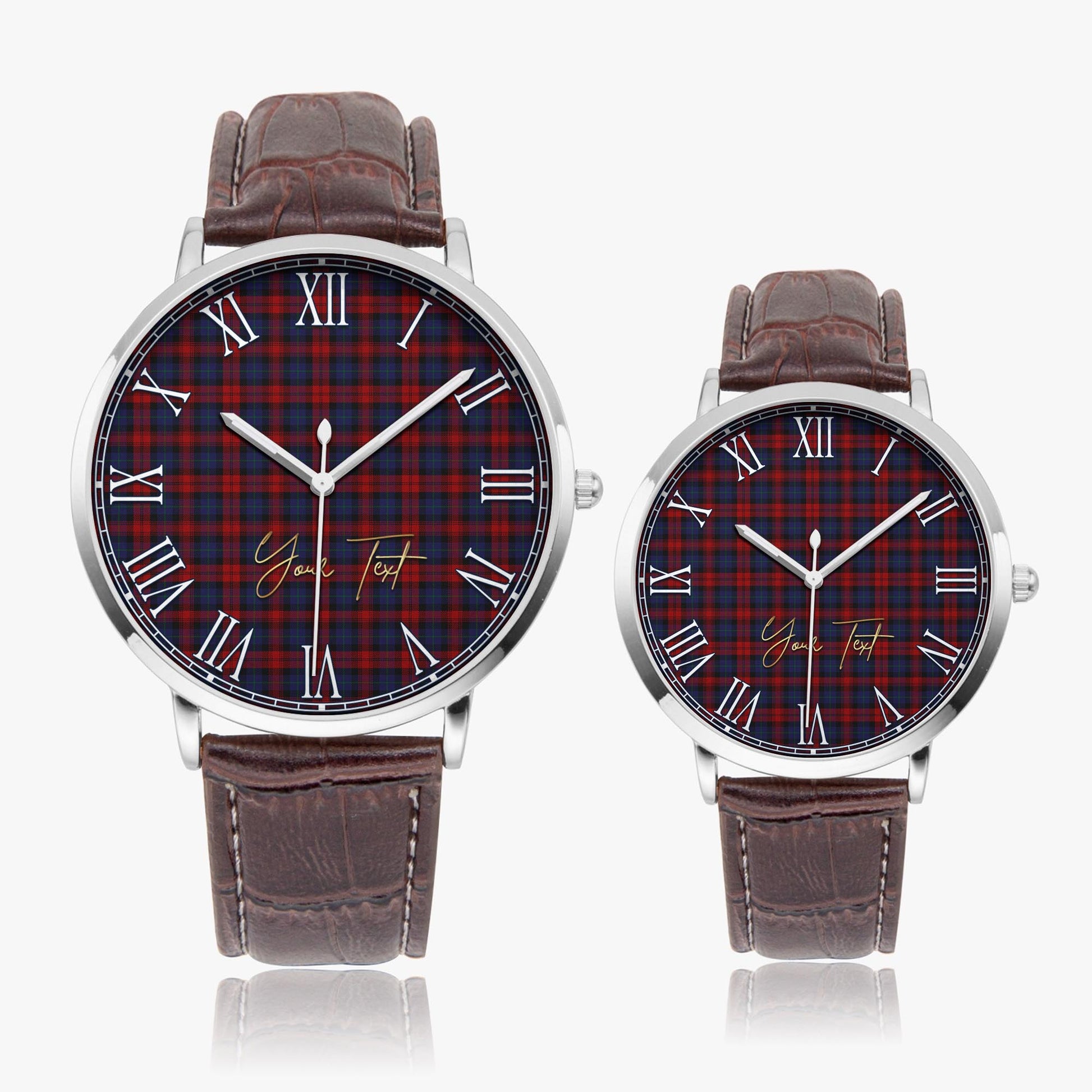 MacLachlan Tartan Personalized Your Text Leather Trap Quartz Watch Ultra Thin Silver Case With Brown Leather Strap - Tartanvibesclothing