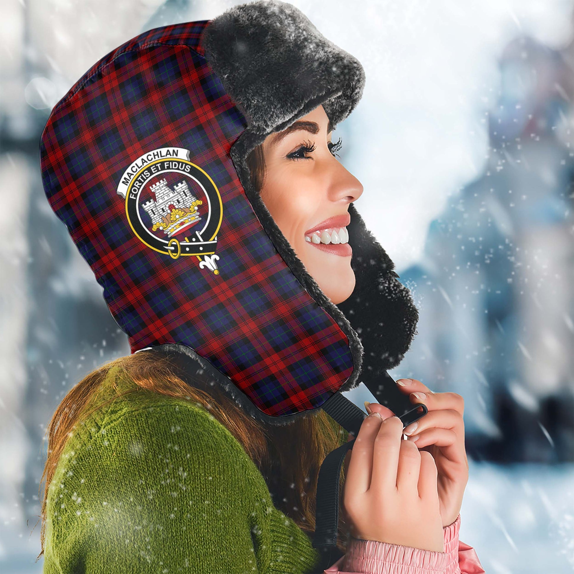 MacLachlan Tartan Winter Trapper Hat with Family Crest Winter Trapper Hat Universal Fit Circumference 22.8in (58cm) - Tartanvibesclothing
