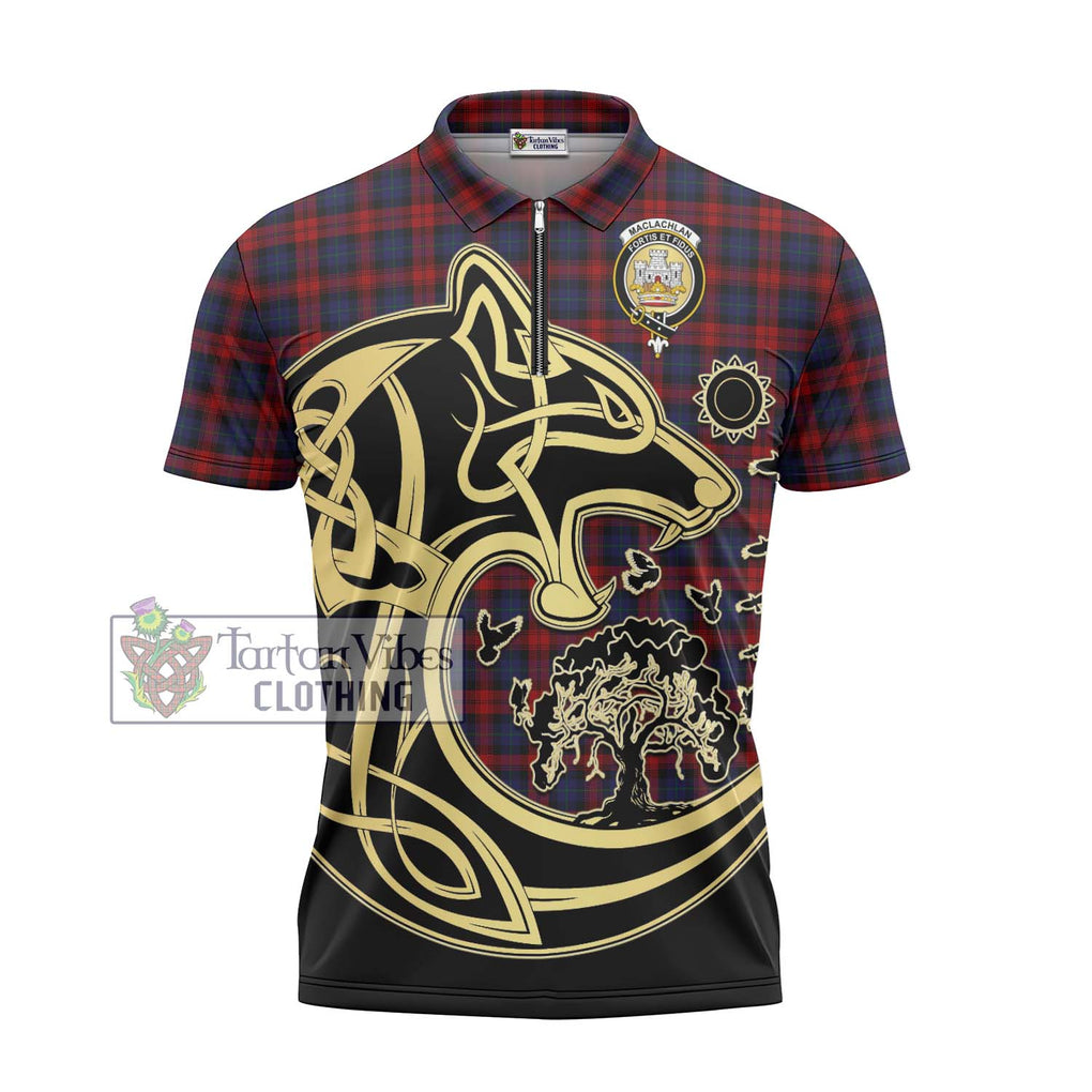 MacLachlan (McLachlan) Tartan Zipper Polo Shirt with Family Crest Celtic Wolf Style - Tartanvibesclothing Shop