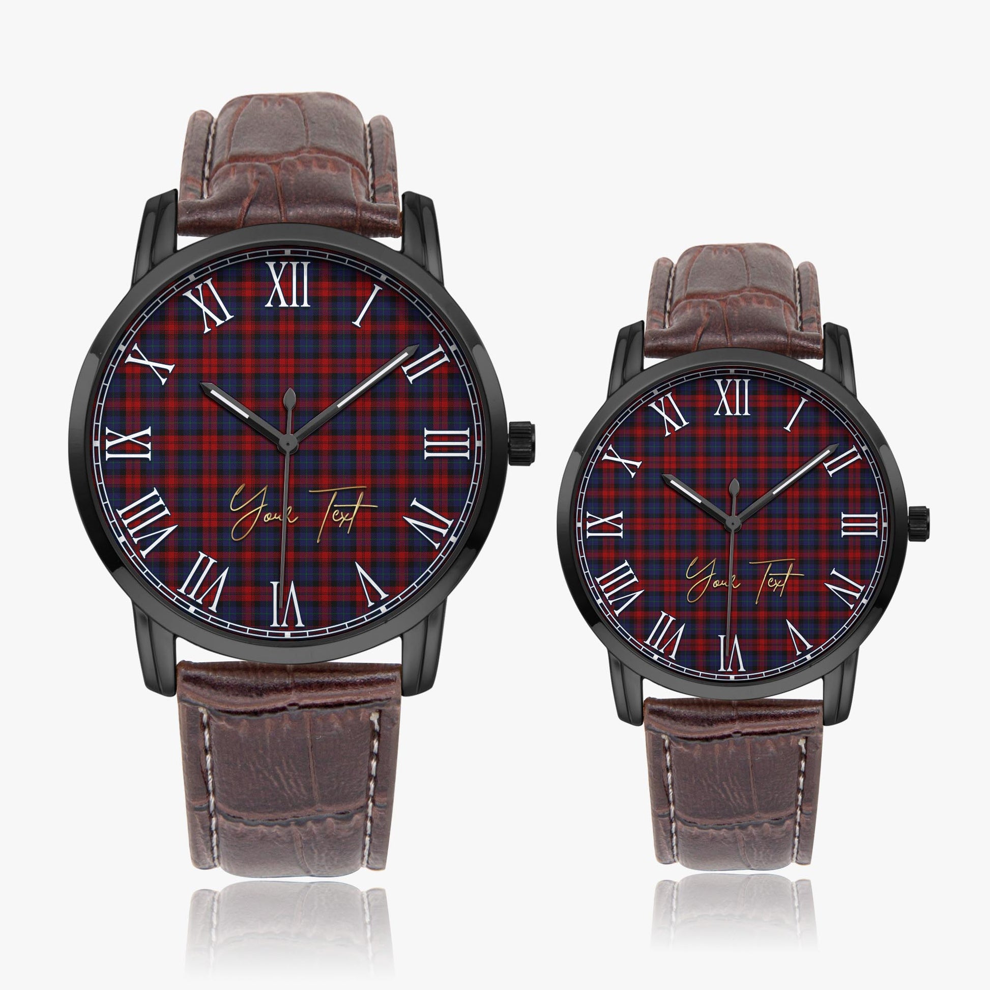 MacLachlan Tartan Personalized Your Text Leather Trap Quartz Watch Wide Type Black Case With Brown Leather Strap - Tartanvibesclothing