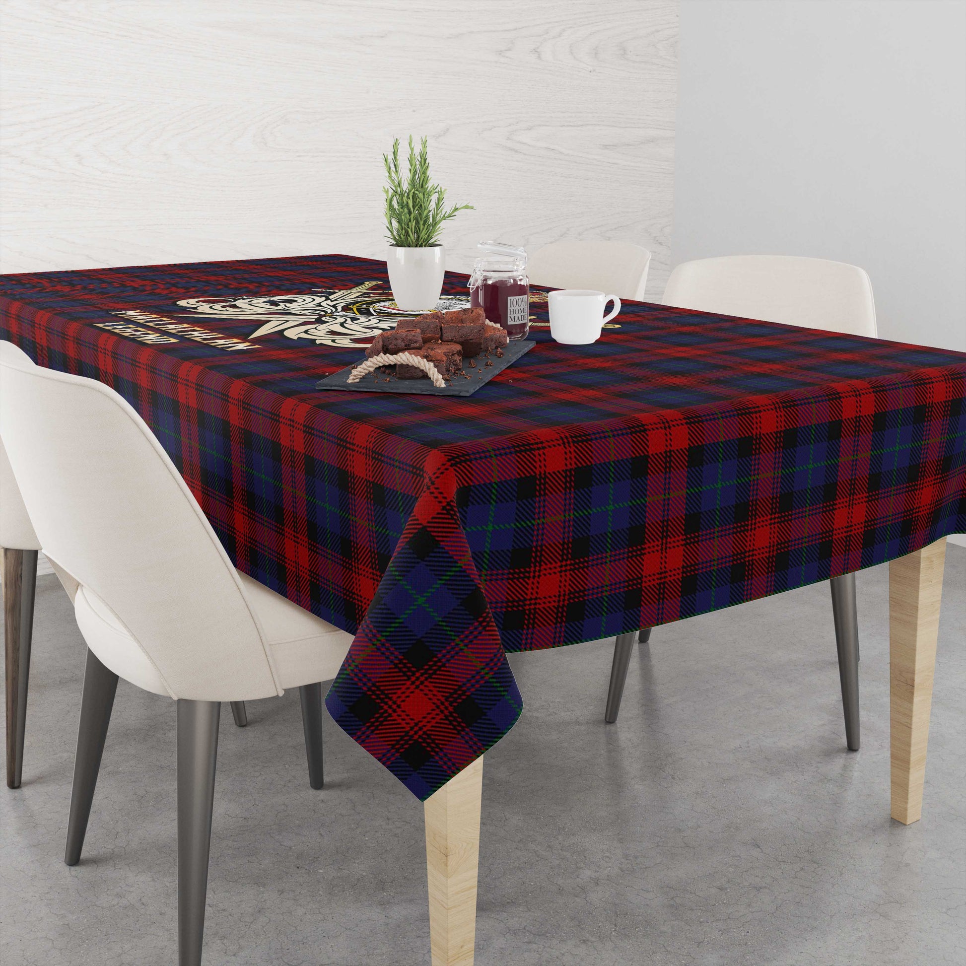 Tartan Vibes Clothing MacLachlan Tartan Tablecloth with Clan Crest and the Golden Sword of Courageous Legacy