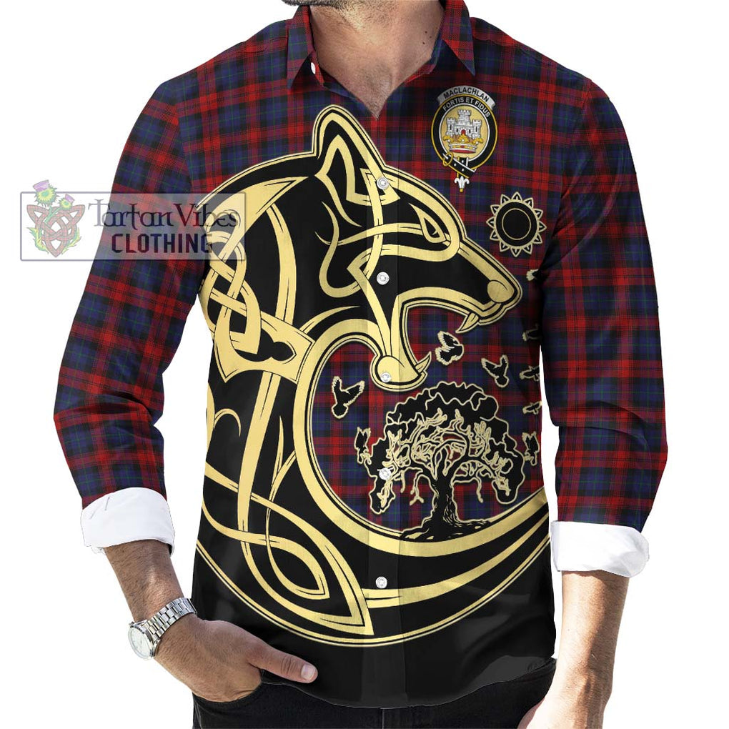 MacLachlan (McLachlan) Tartan Long Sleeve Button Shirt with Family Crest Celtic Wolf Style - Tartan Vibes Clothing