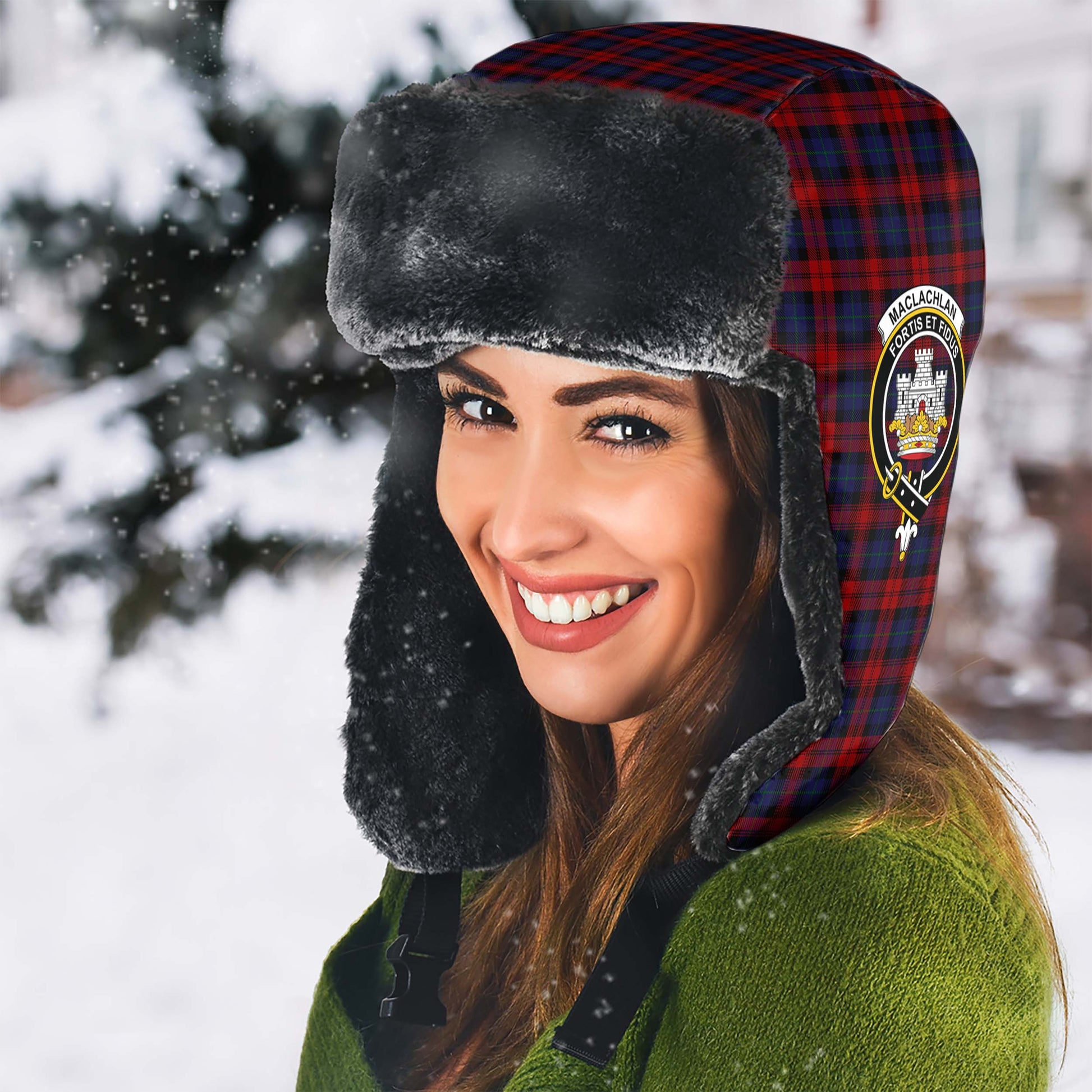 MacLachlan Tartan Winter Trapper Hat with Family Crest - Tartanvibesclothing