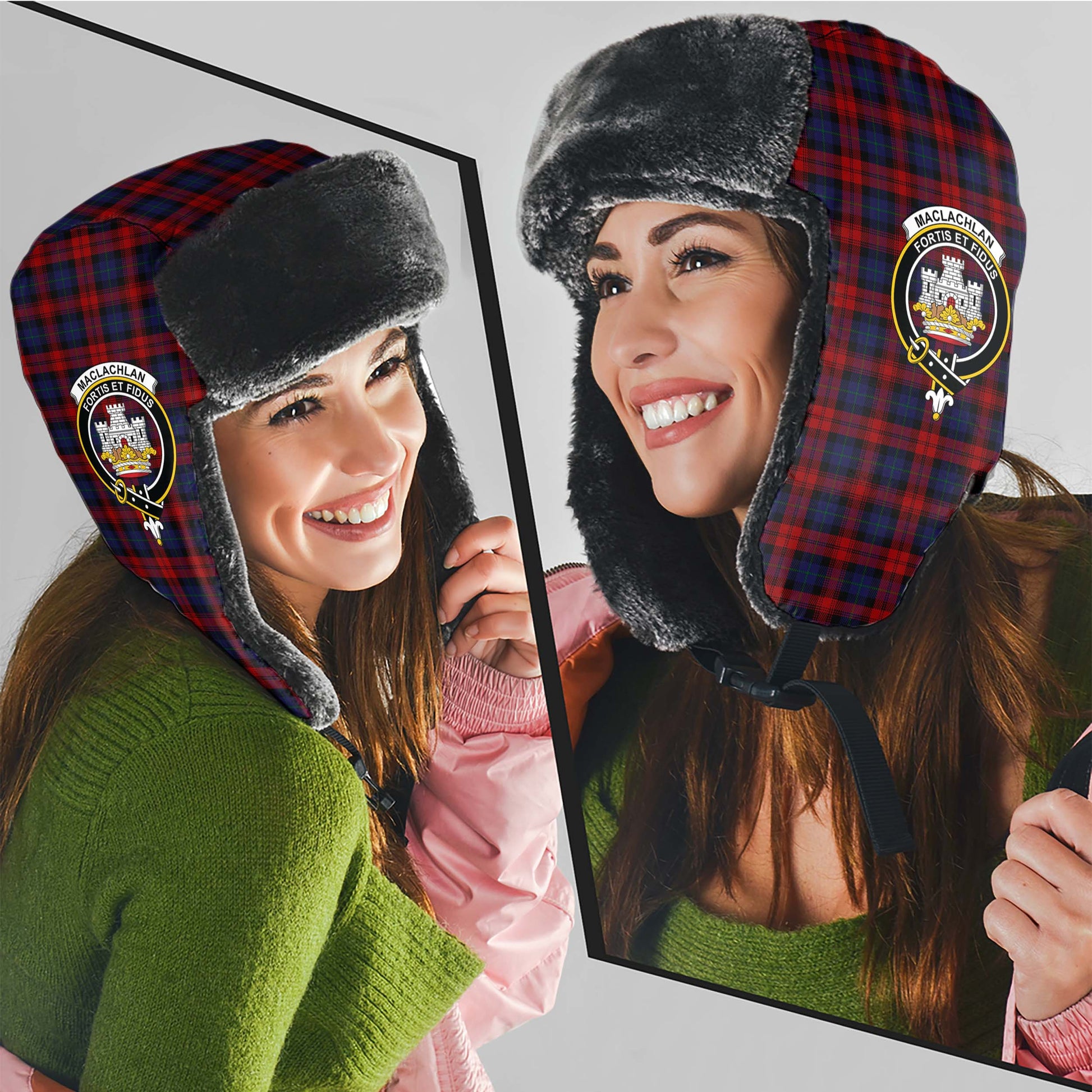 MacLachlan Tartan Winter Trapper Hat with Family Crest - Tartanvibesclothing