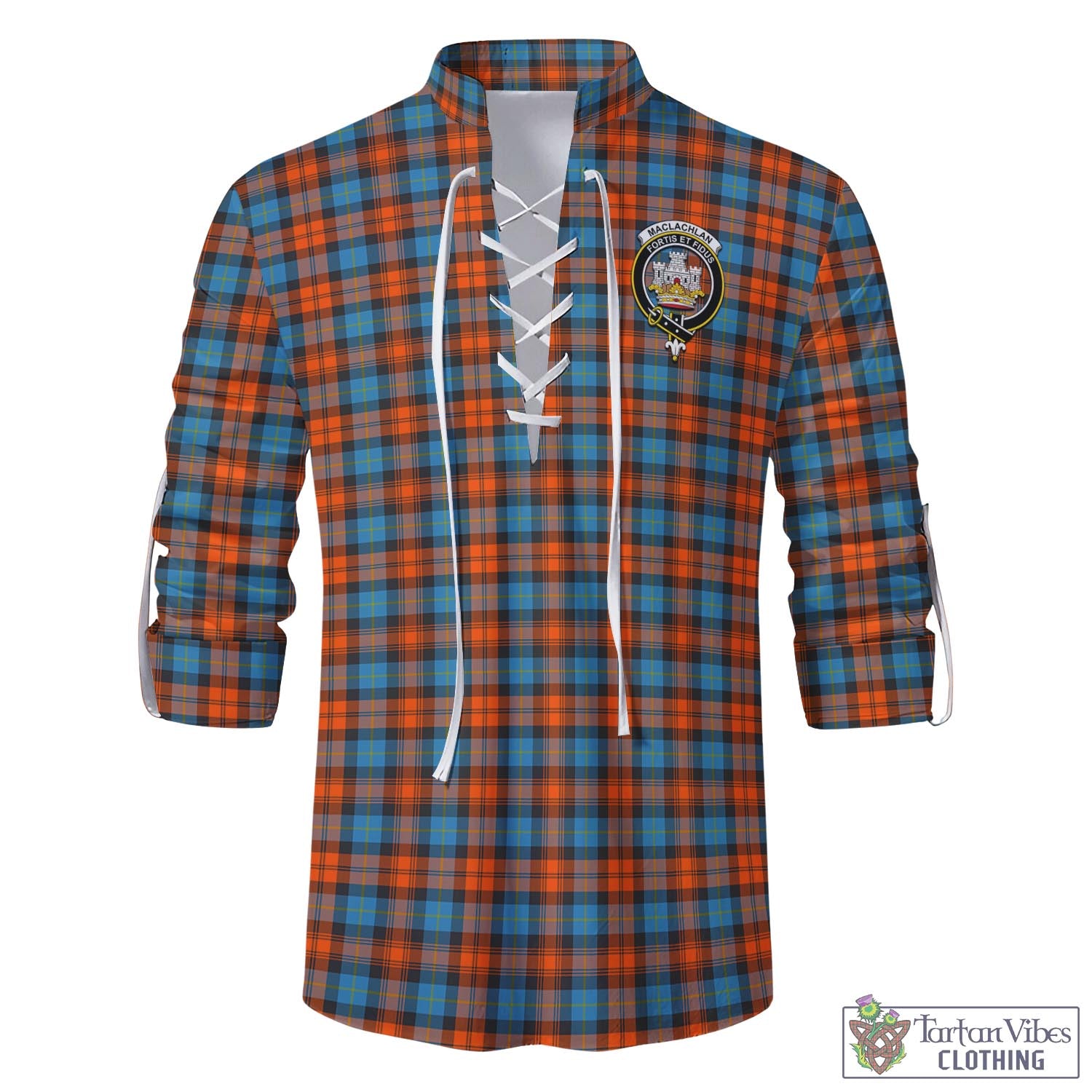 Tartan Vibes Clothing MacLachlan Ancient Tartan Men's Scottish Traditional Jacobite Ghillie Kilt Shirt with Family Crest