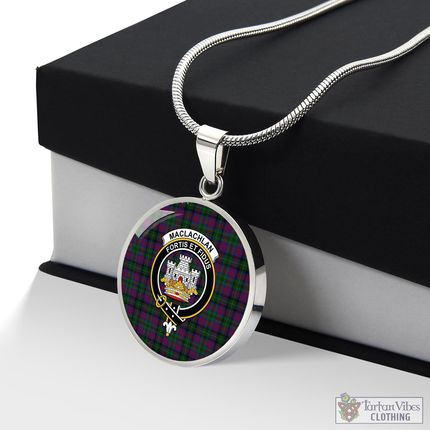 Tartan Vibes Clothing MacLachlan Hunting Tartan Circle Necklace with Family Crest