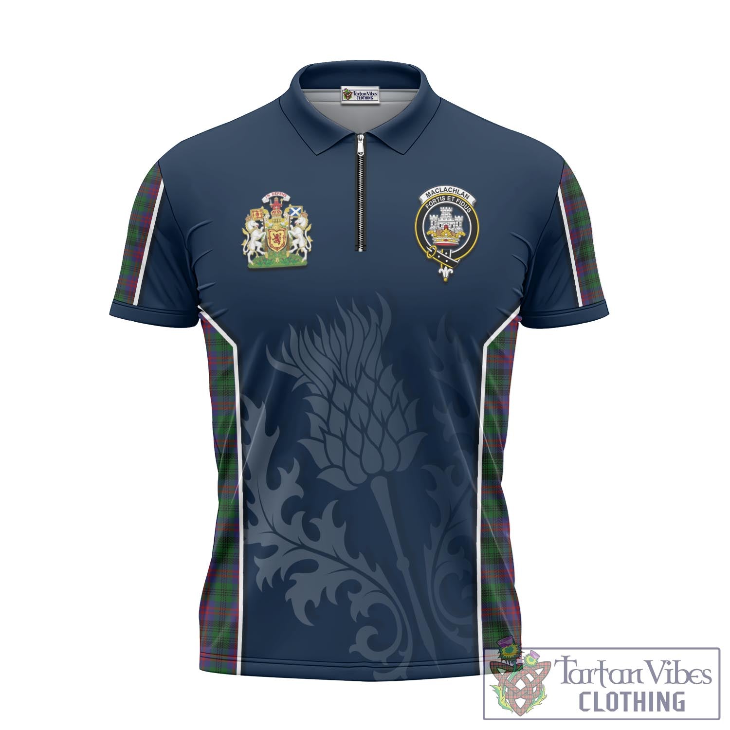 Tartan Vibes Clothing MacLachlan Hunting Tartan Zipper Polo Shirt with Family Crest and Scottish Thistle Vibes Sport Style
