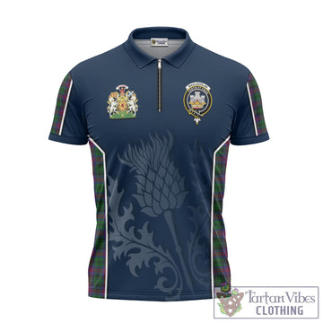 MacLachlan Hunting Tartan Zipper Polo Shirt with Family Crest and Scottish Thistle Vibes Sport Style