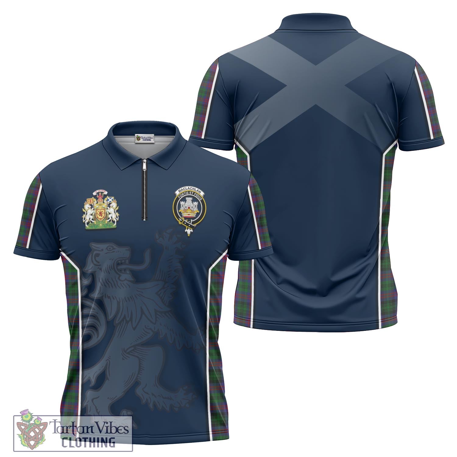 Tartan Vibes Clothing MacLachlan Hunting Tartan Zipper Polo Shirt with Family Crest and Lion Rampant Vibes Sport Style