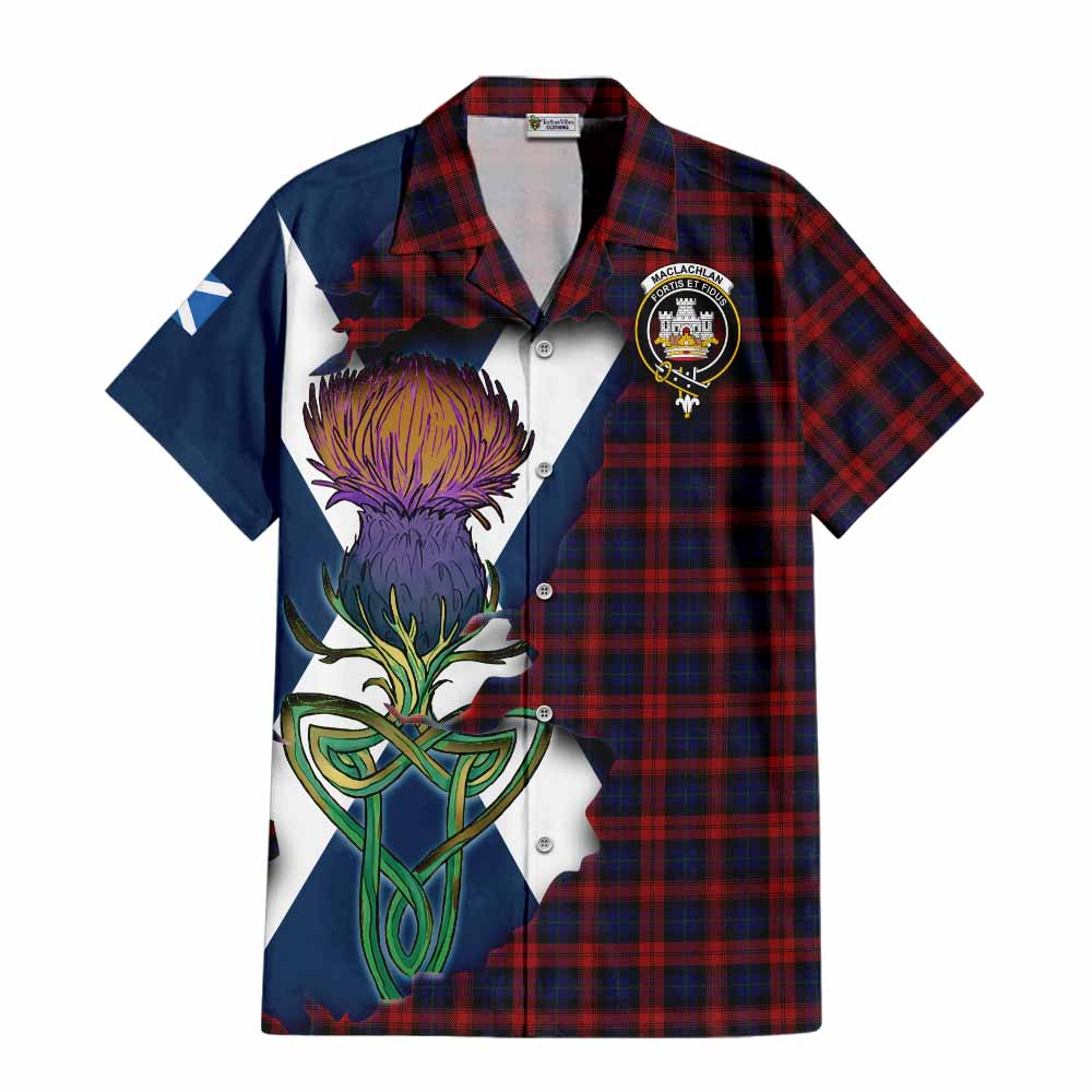 Tartan Vibes Clothing MacLachlan (McLachlan) Tartan Family Crest Short Sleeve Button Shirt Scottish Thistle Celtic Inspired