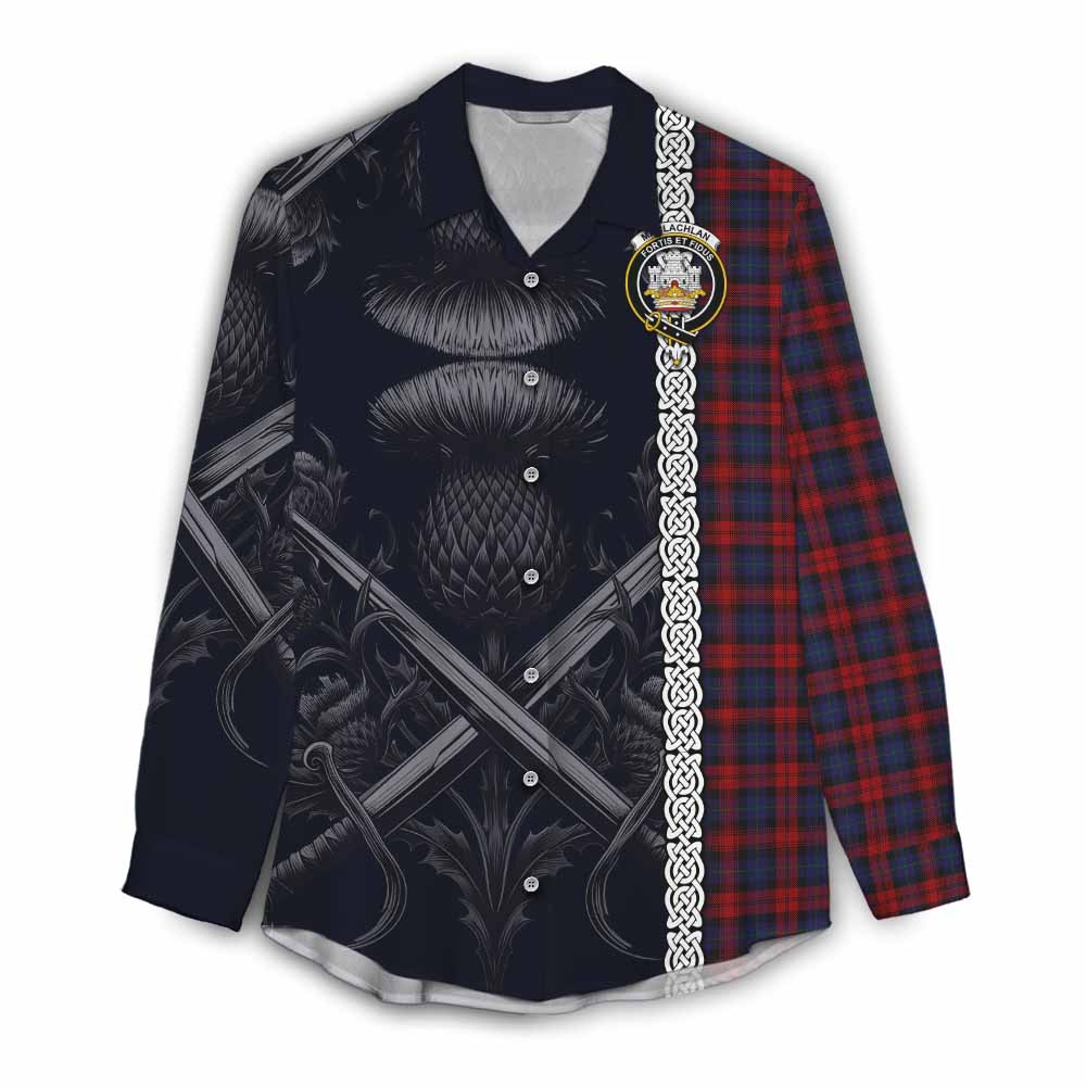 Tartan Vibes Clothing MacLachlan (McLachlan) Tartan Women's Casual Shirt with Family Crest Cross Sword Thistle Celtic Vibes