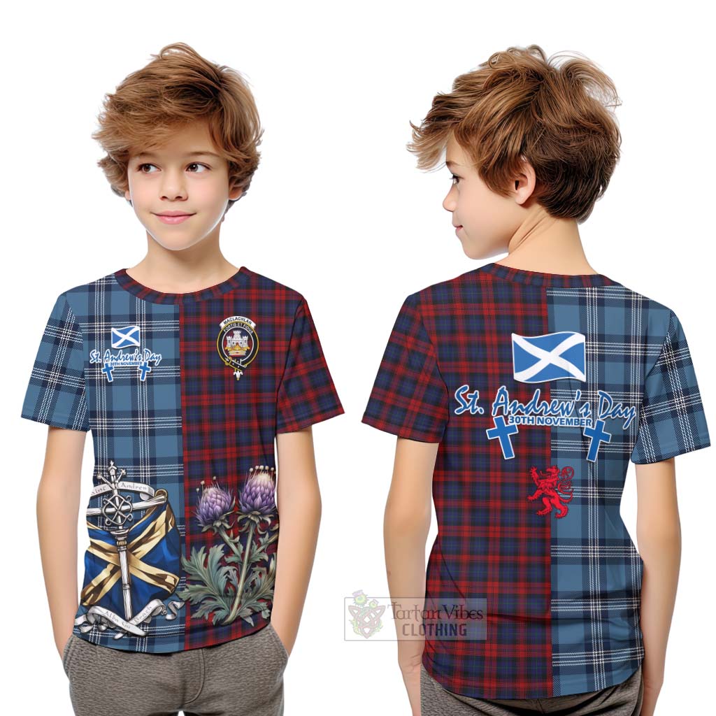 Tartan Vibes Clothing MacLachlan (McLachlan) Tartan Kid T-Shirt Happy St. Andrew's Day Half Tartan Style