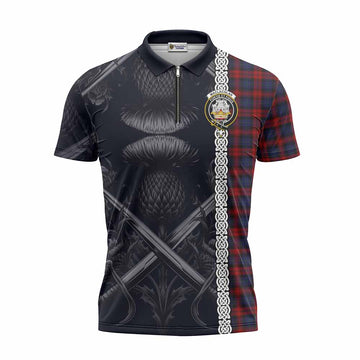MacLachlan (McLachlan) Tartan Zipper Polo Shirt with Family Crest Cross Sword Thistle Celtic Vibes
