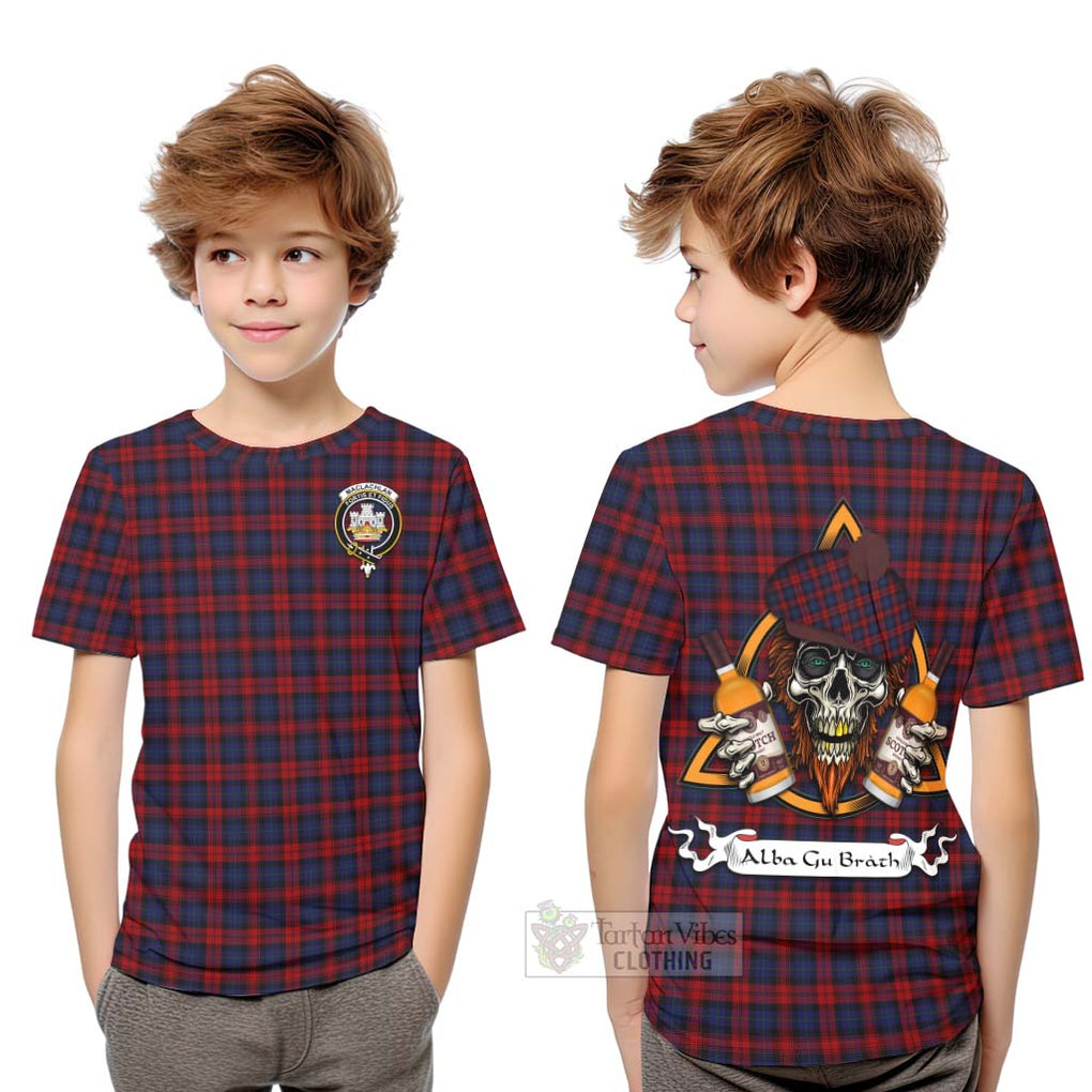 Tartan Vibes Clothing MacLachlan (McLachlan) Tartan Kid T-Shirt with Family Crest and Bearded Skull Holding Bottles of Whiskey