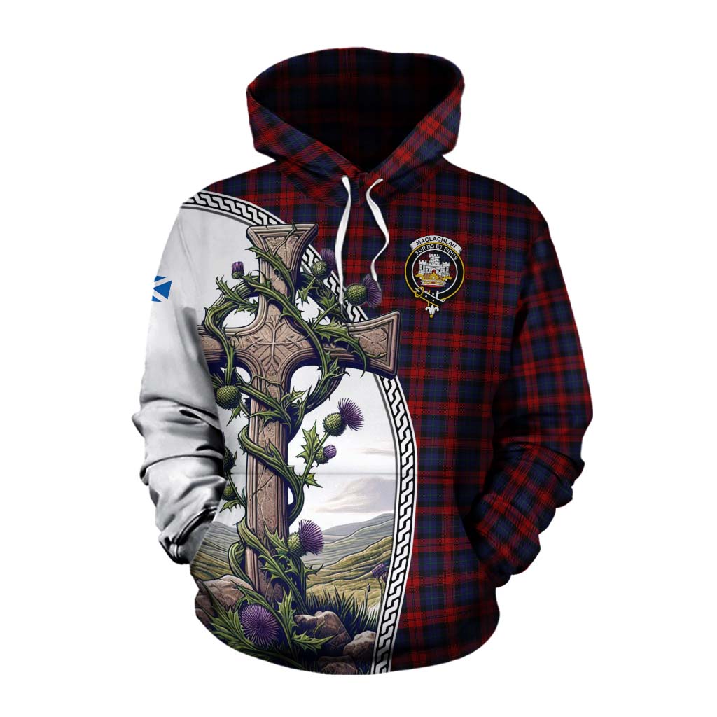 Tartan Vibes Clothing MacLachlan (McLachlan) Tartan Cotton Hoodie with Family Crest and St. Andrew's Cross Accented by Thistle Vines