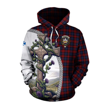 MacLachlan (McLachlan) Tartan Cotton Hoodie with Family Crest and St. Andrew's Cross Accented by Thistle Vines