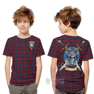 Tartan Vibes Clothing MacLachlan (McLachlan) Tartan Kid T-Shirt with Family Crest Celtic Skull Style