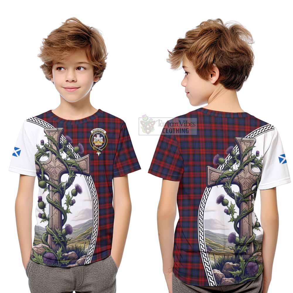 Tartan Vibes Clothing MacLachlan (McLachlan) Tartan Kid T-Shirt with Family Crest and St. Andrew's Cross Accented by Thistle Vines