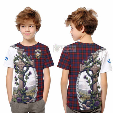 Tartan Vibes Clothing MacLachlan (McLachlan) Tartan Kid T-Shirt with Family Crest and St. Andrew's Cross Accented by Thistle Vines