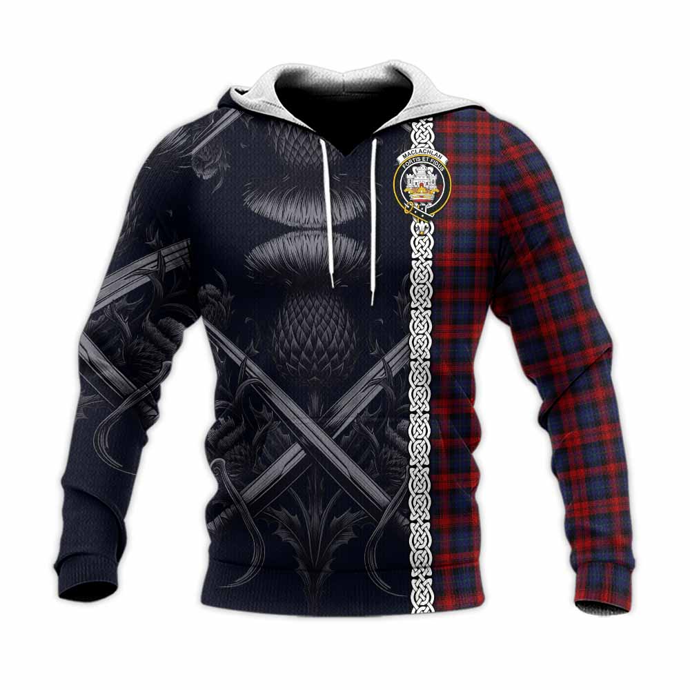 Tartan Vibes Clothing MacLachlan (McLachlan) Tartan Knitted Hoodie with Family Crest Cross Sword Thistle Celtic Vibes