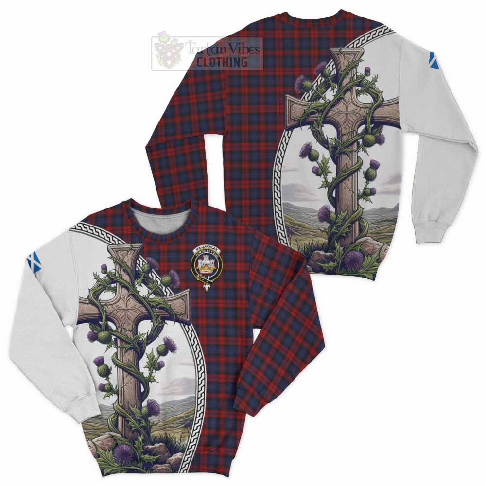 Tartan Vibes Clothing MacLachlan (McLachlan) Tartan Sweatshirt with Family Crest and St. Andrew's Cross Accented by Thistle Vines