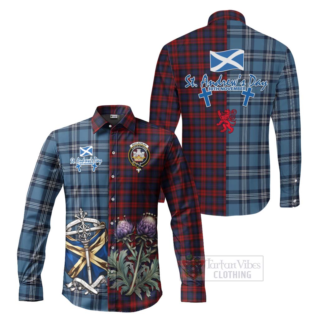 Tartan Vibes Clothing MacLachlan (McLachlan) Tartan Long Sleeve Button Shirt Happy St. Andrew's Day Half Tartan Style