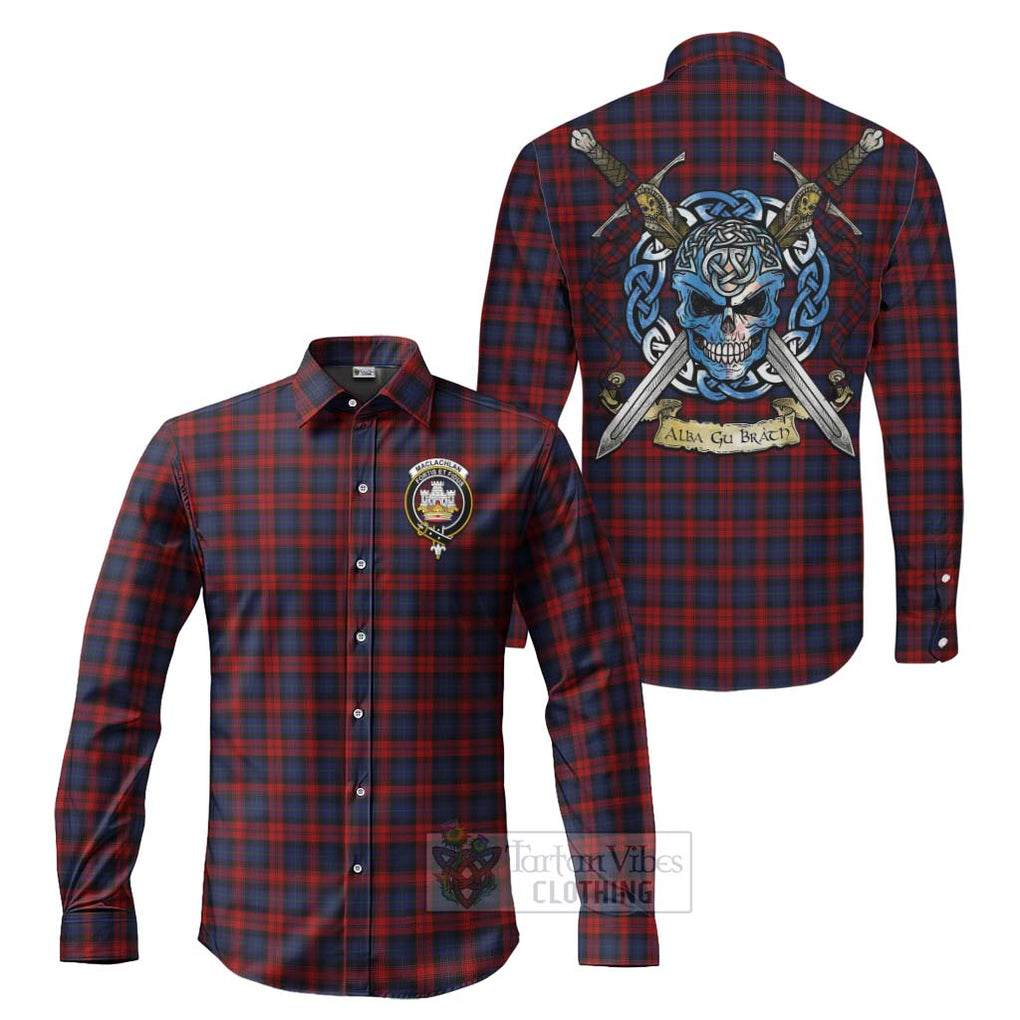 Tartan Vibes Clothing MacLachlan (McLachlan) Tartan Long Sleeve Button Shirt with Family Crest Celtic Skull Style