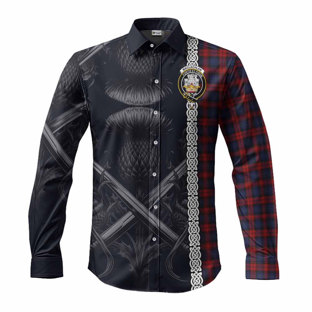 Tartan Vibes Clothing MacLachlan (McLachlan) Tartan Long Sleeve Button Shirt with Family Crest Cross Sword Thistle Celtic Vibes