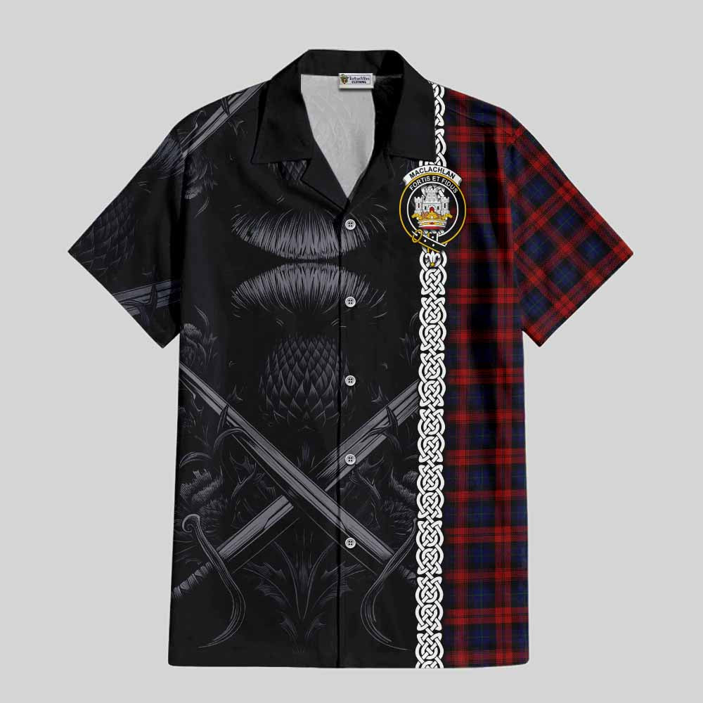 Tartan Vibes Clothing MacLachlan (McLachlan) Tartan Short Sleeve Button Shirt with Family Crest Cross Sword Thistle Celtic Vibes