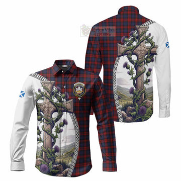 MacLachlan (McLachlan) Tartan Long Sleeve Button Shirt with Family Crest and St. Andrew's Cross Accented by Thistle Vines