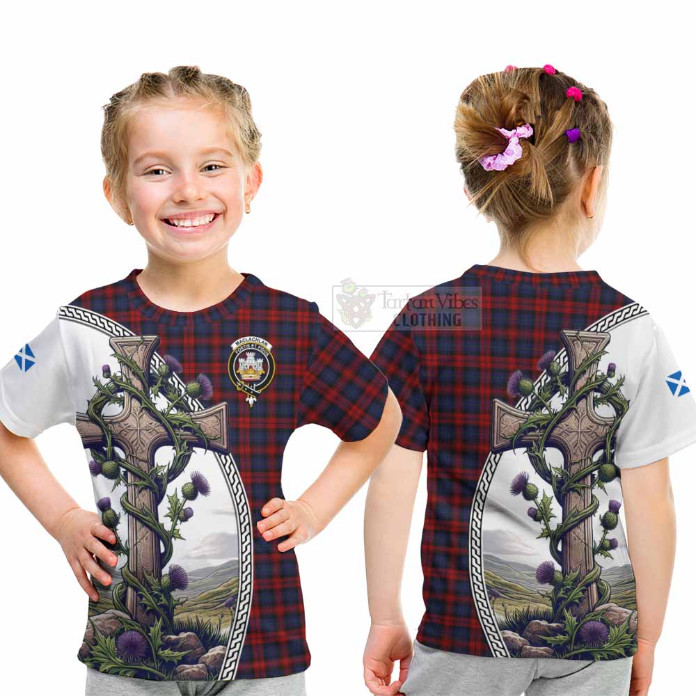 Tartan Vibes Clothing MacLachlan (McLachlan) Tartan Kid T-Shirt with Family Crest and St. Andrew's Cross Accented by Thistle Vines