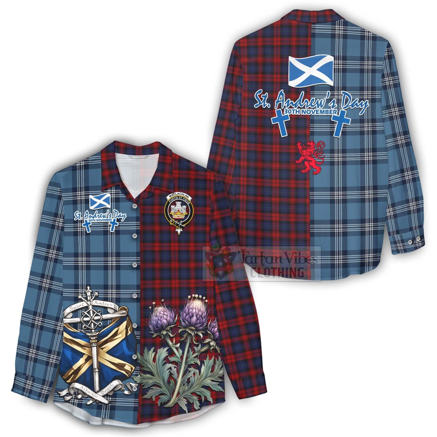 Tartan Vibes Clothing MacLachlan (McLachlan) Tartan Women's Casual Shirt Happy St. Andrew's Day Half Tartan Style