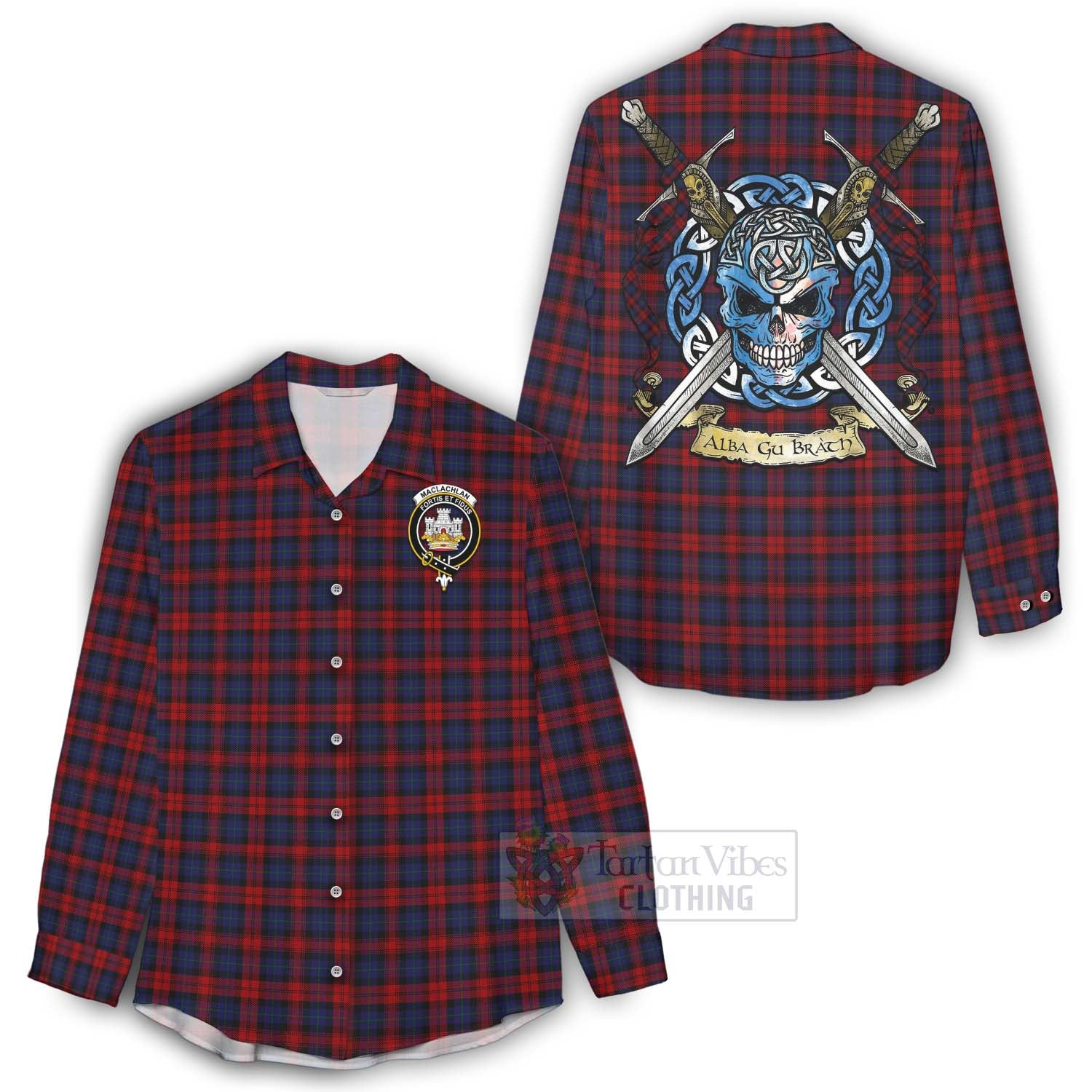 Tartan Vibes Clothing MacLachlan (McLachlan) Tartan Women's Casual Shirt with Family Crest Celtic Skull Style
