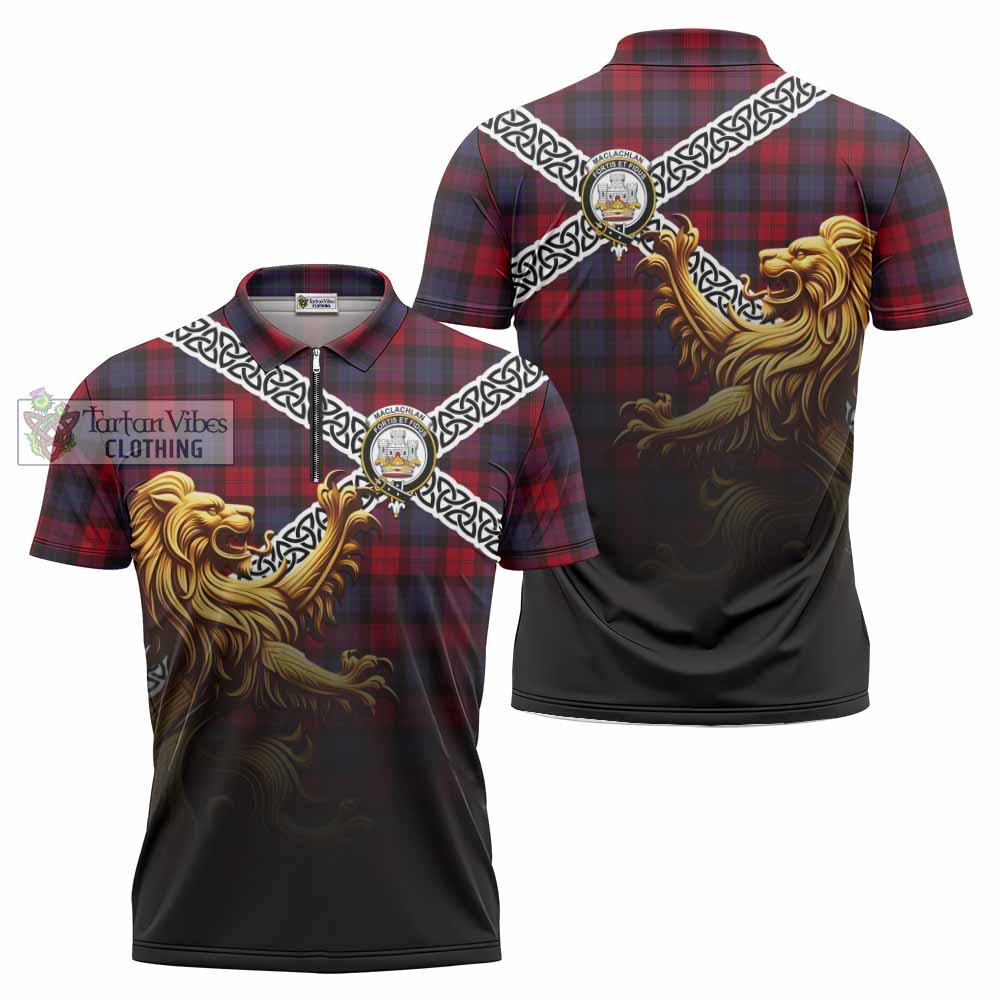 Tartan Vibes Clothing MacLachlan (McLachlan) Crest Tartan Zipper Polo Shirt with Golden Lion Emblem Celtic Style