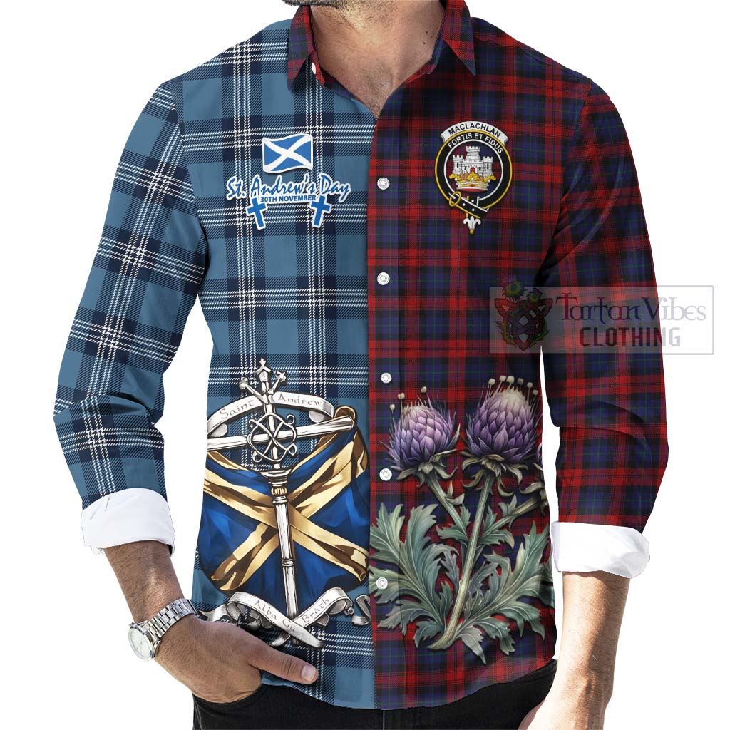 Tartan Vibes Clothing MacLachlan (McLachlan) Tartan Long Sleeve Button Shirt Happy St. Andrew's Day Half Tartan Style
