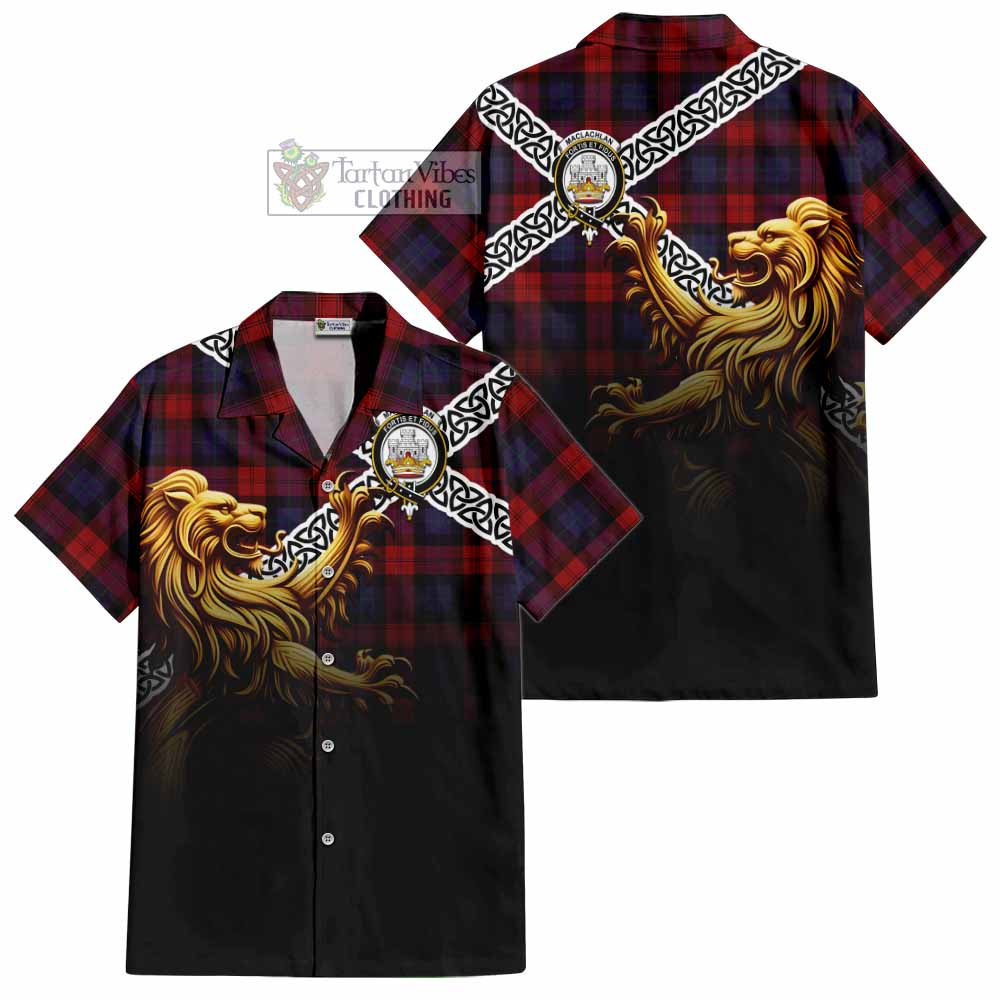 Tartan Vibes Clothing MacLachlan (McLachlan) Crest Tartan Short Sleeve Button Shirt with Golden Lion Emblem Celtic Style
