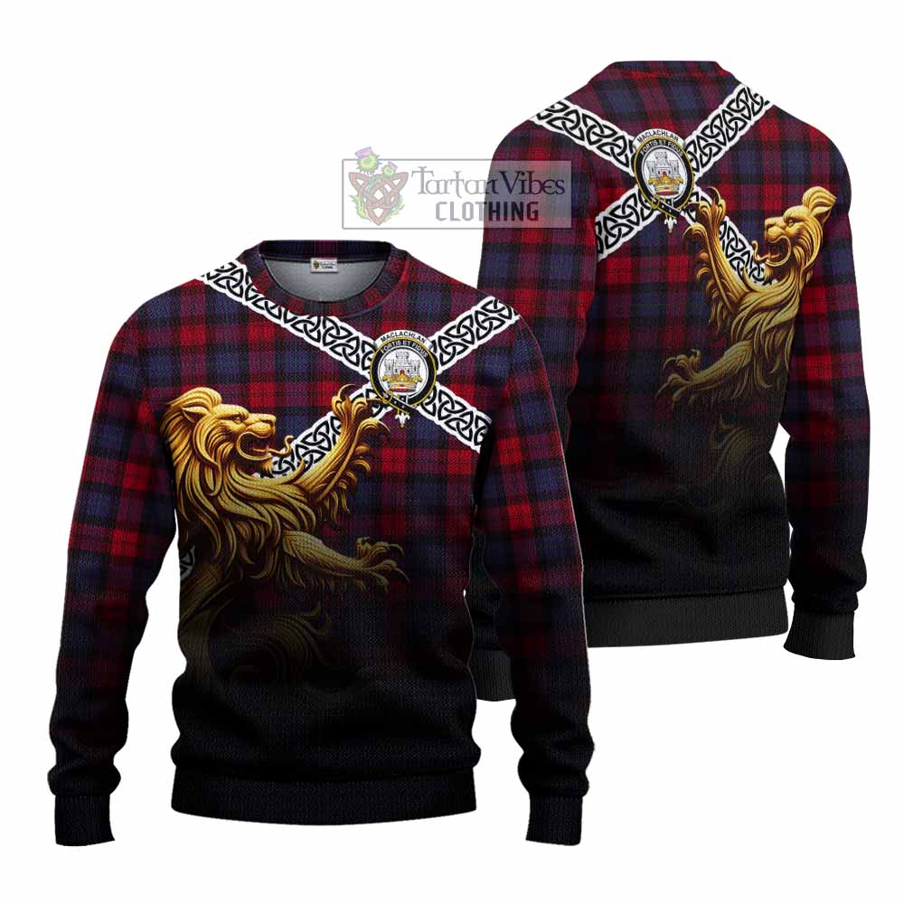 Tartan Vibes Clothing MacLachlan (McLachlan) Crest Tartan Knitted Sweater with Golden Lion Emblem Celtic Style