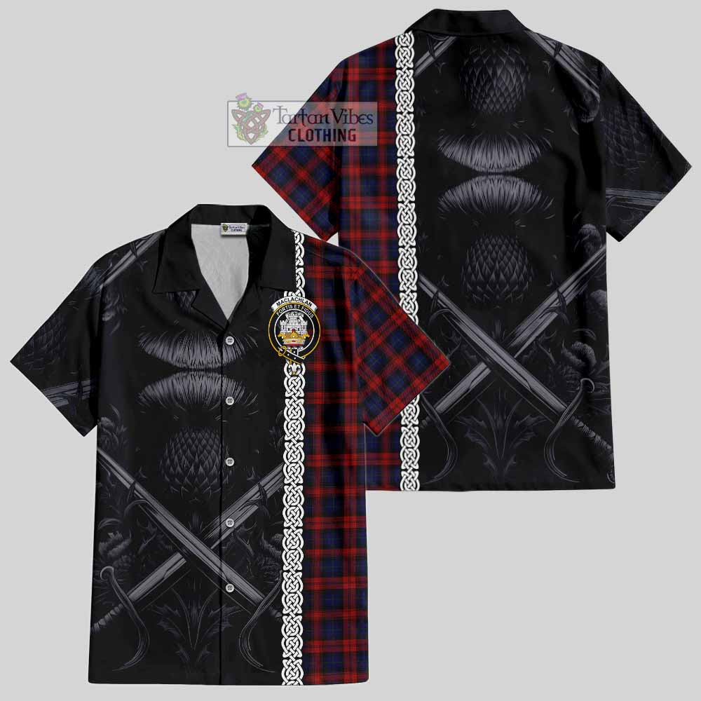 Tartan Vibes Clothing MacLachlan (McLachlan) Tartan Short Sleeve Button Shirt with Family Crest Cross Sword Thistle Celtic Vibes