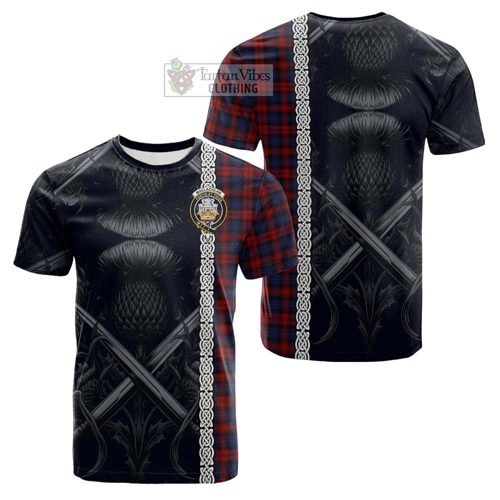 Tartan Vibes Clothing MacLachlan (McLachlan) Tartan Cotton T-shirt with Family Crest Cross Sword Thistle Celtic Vibes