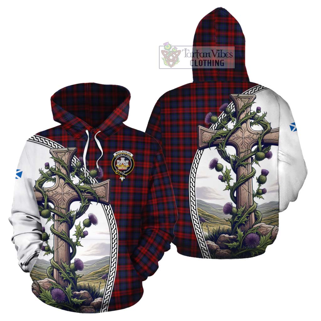 Tartan Vibes Clothing MacLachlan (McLachlan) Tartan Cotton Hoodie with Family Crest and St. Andrew's Cross Accented by Thistle Vines