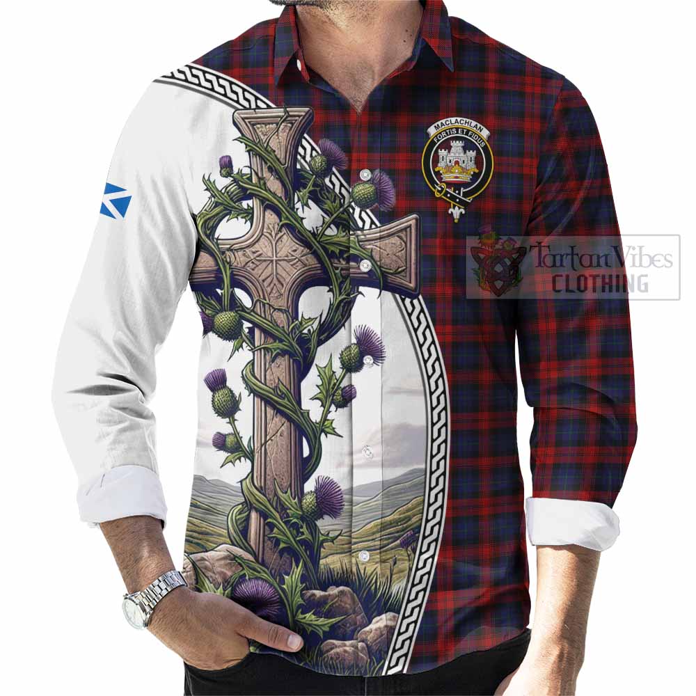 Tartan Vibes Clothing MacLachlan (McLachlan) Tartan Long Sleeve Button Shirt with Family Crest and St. Andrew's Cross Accented by Thistle Vines