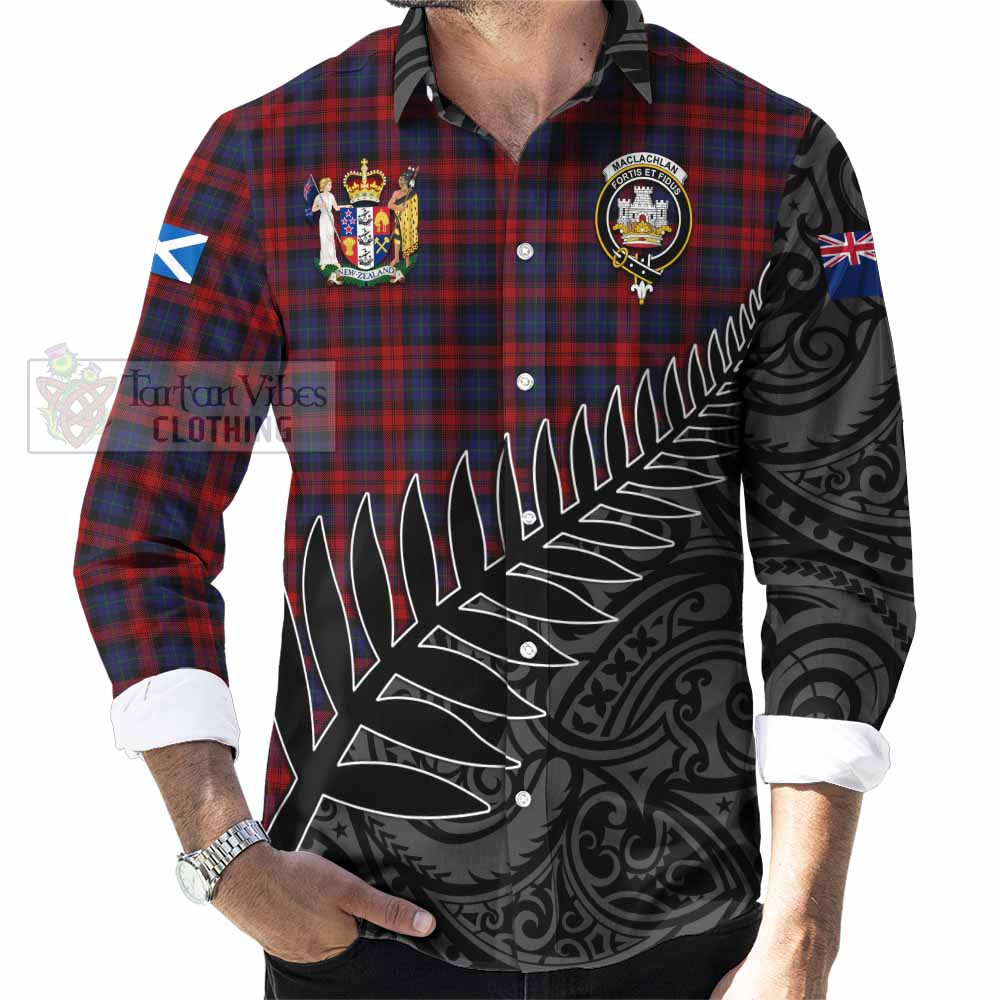 Tartan Vibes Clothing MacLachlan (McLachlan) Crest Tartan Long Sleeve Button Shirt with New Zealand Silver Fern Half Style