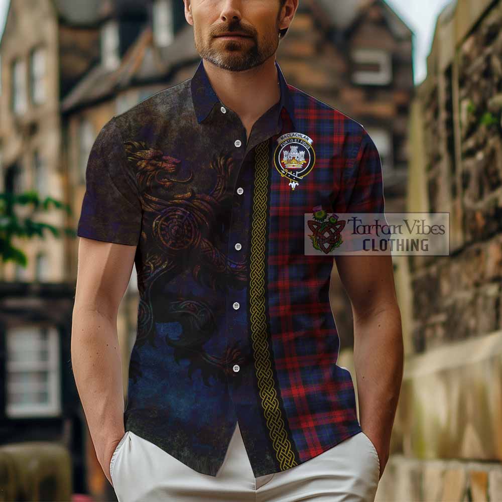 Tartan Vibes Clothing MacLachlan (McLachlan) Tartan Family Crest Short Sleeve Button Shirt Alba Gu Brath Be Brave Lion Ancient Style